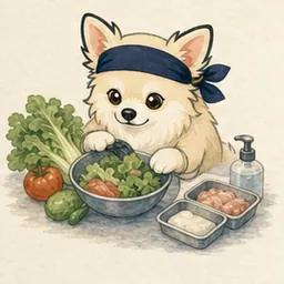 食品・学習の学びや仕事を表す道具を確認するチワワ
