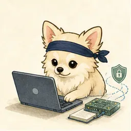 IT・情報・学習の学びや仕事を表す道具を確認するチワワ