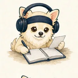 語学・学習の学びや仕事を表す道具を確認するチワワ