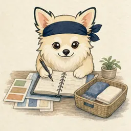 生活・学習の学びや仕事を表す道具を確認するチワワ