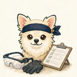 安全衛生・学習の学びや仕事を表す道具を確認するチワワ