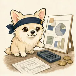 資金計画のカードを比較するチワワ