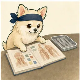 医療資料とケア用具を確認するチワワ
