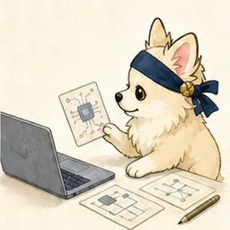 ノートPCとIT概念カードで学ぶチワワ