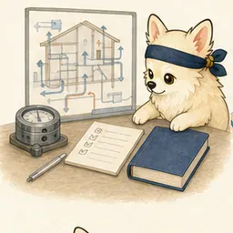 建物の空調・給排水設備図を確認するチワワ