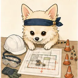 作業区域と保護具を事前確認するチワワ