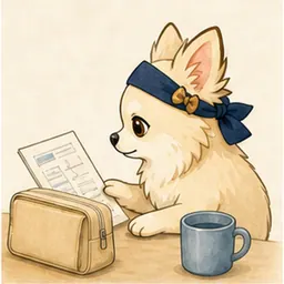 ケア記録と支援用品を確認するチワワ