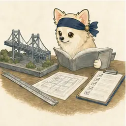 技術図面と構造模型を確認するチワワ