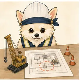 正しい安全装備で機械作業の手順を学ぶチワワ