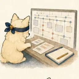 事業計画のカードを整理するチワワ