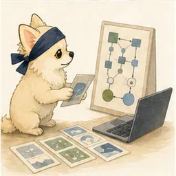 ノートPCとIT概念カードで学ぶチワワ