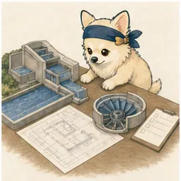 水路と発電設備の構成を確認するチワワ