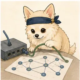 ネットワーク構成と配線を確認するチワワ