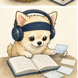 ヘッドホンとノートで語学を学ぶチワワ