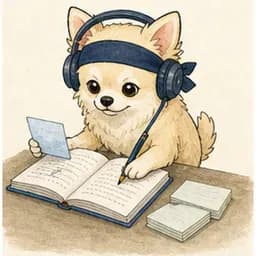 ヘッドホンとノートで語学を学ぶチワワ