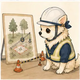 作業区域と保護具を事前確認するチワワ