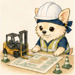施工図と安全な材料・継手を確認するチワワ