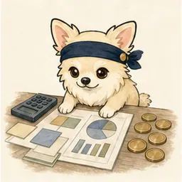 資金計画のカードを比較するチワワ