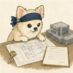 建物図面と契約書を確認するチワワ