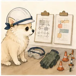 作業区域と保護具を事前確認するチワワ