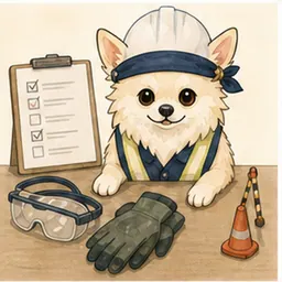作業区域と保護具を事前確認するチワワ