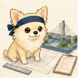 技術図面と構造模型を確認するチワワ