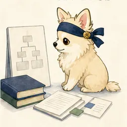 法令集と書類を整理して学ぶチワワ
