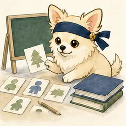 教材カードを整理して教えるチワワ