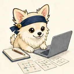 ノートPCとIT概念カードで学ぶチワワ