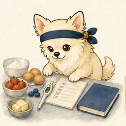 食品衛生の手順と食材を確認するチワワ