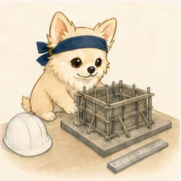 型枠・鉄筋模型と組立図を確認するチワワ