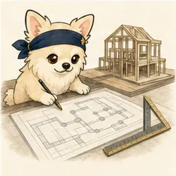 建築図面と模型を確認するチワワ