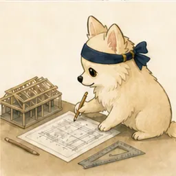建築図面と模型を確認するチワワ