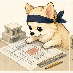 建築図面と模型を確認するチワワ