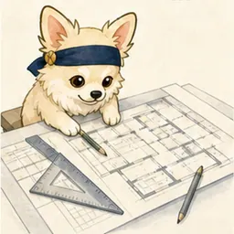 建築図面と模型を確認するチワワ
