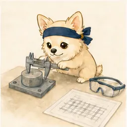 部品を測定して品質を確認するチワワ