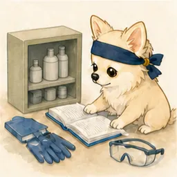 危険防止の手順と保護具を確認するチワワ
