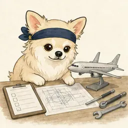 航空機の整備図と用具を確認するチワワ