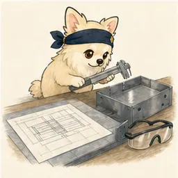 部品を測定して品質を確認するチワワ