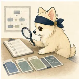 証跡資料と確認手順を照合するチワワ