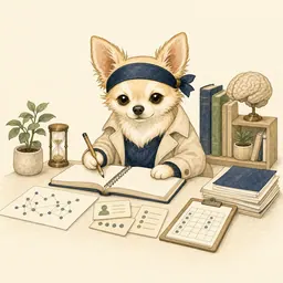 心理学の履修単位と研究ノート、認定申請書類を整理するチワワ
