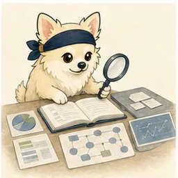 データカードを比較して分析するチワワ