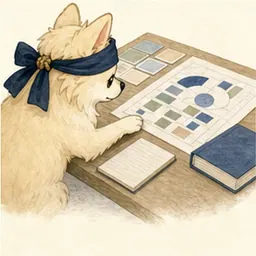 事業計画のカードを整理するチワワ
