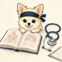 医学書と聴診器で学ぶチワワ