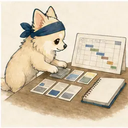 事業計画のカードを整理するチワワ