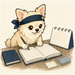 事業計画のカードを整理するチワワ