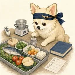 食品衛生の手順と食材を確認するチワワ