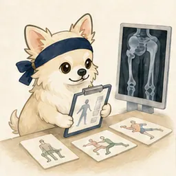 画像資料とリハビリ計画を学ぶチワワ