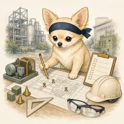 現場図面と機械設備を使って労働安全のリスクを診断するチワワ
