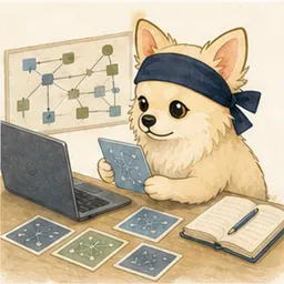 ノートPCとIT概念カードで学ぶチワワ